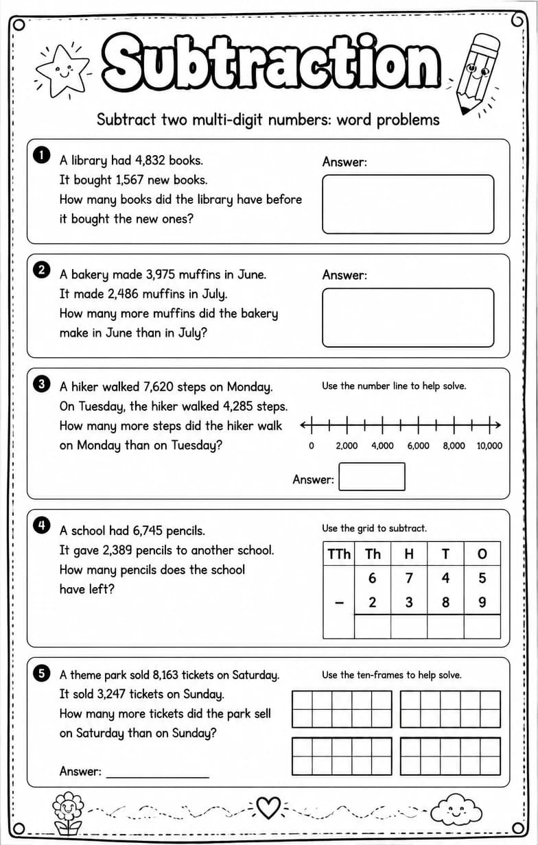 Subtract two multi-digit numbers: word problems — free printable Grade 4 math worksheet