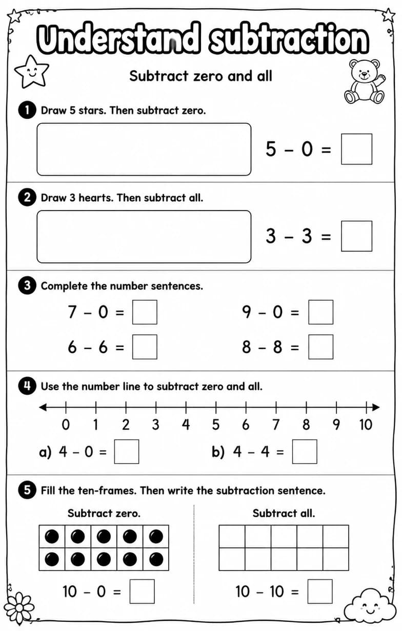 Subtract zero and all — free printable Grade 1 Math worksheet