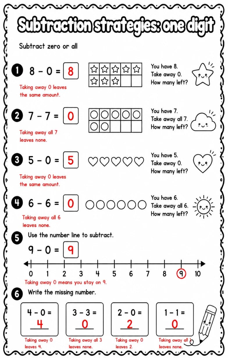 Answer key for Subtract zero or all — free printable Math worksheet