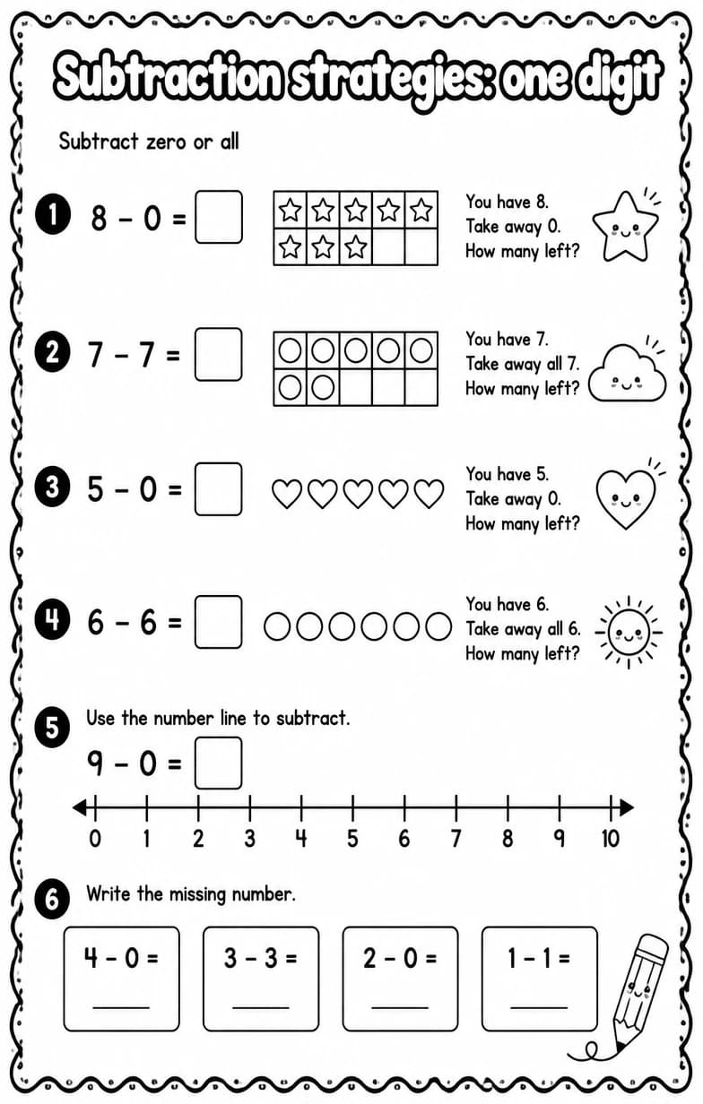 Subtract zero or all — free printable Grade 2 Math worksheet