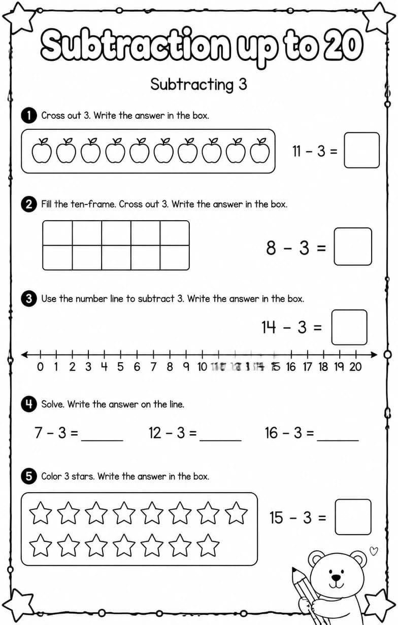 Subtracting 3 — free printable Grade 1 Math worksheet