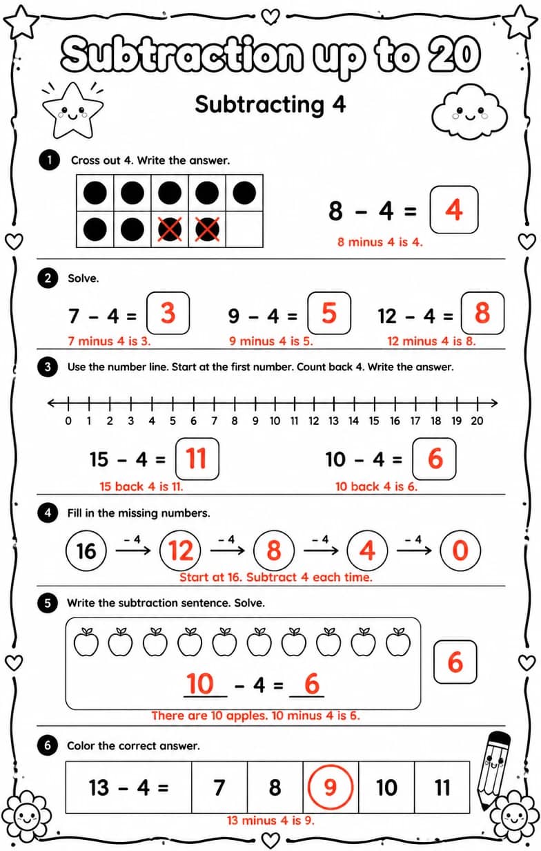 Answer key for Subtracting 4 — free printable Math worksheet