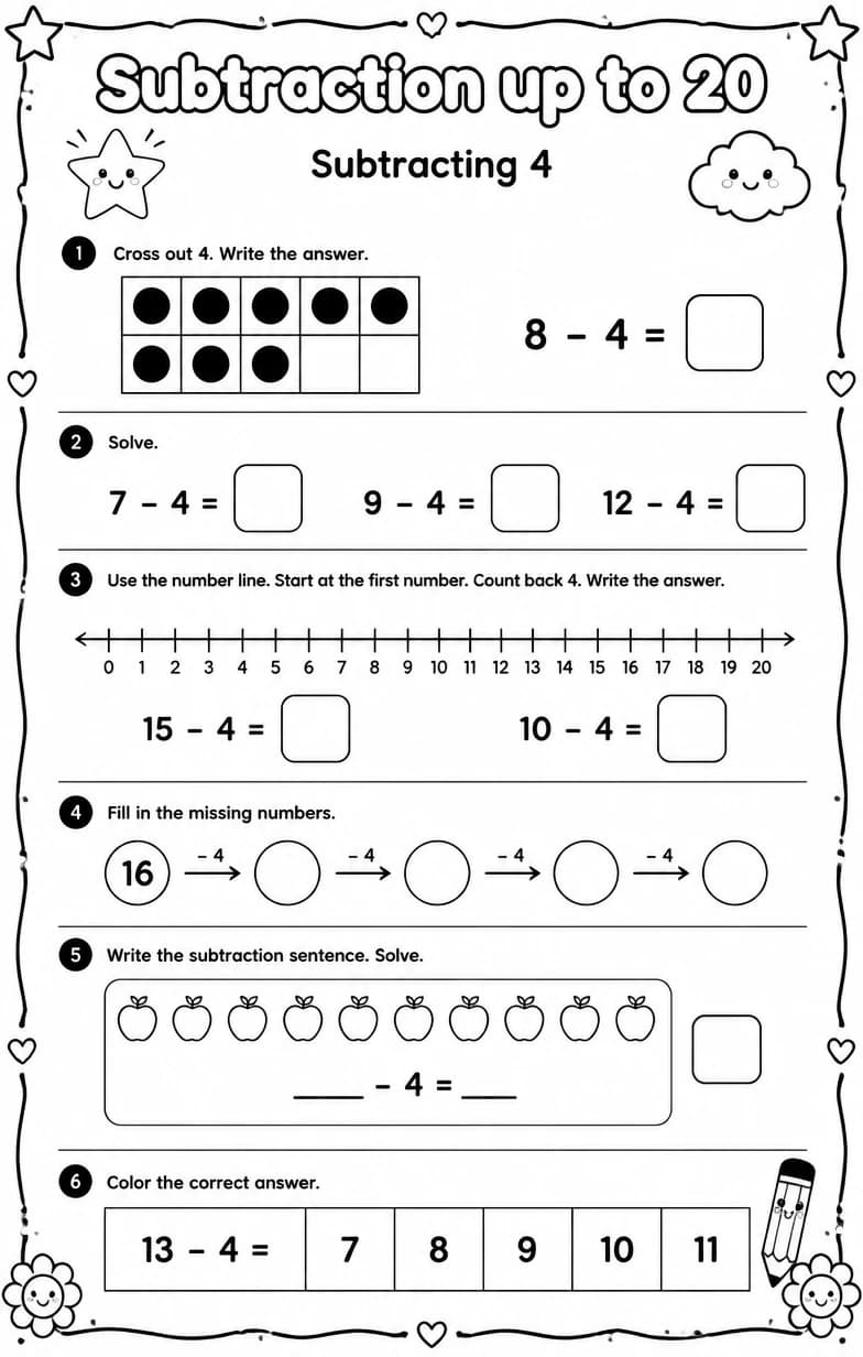 Subtracting 4 — free printable Grade 1 math worksheet