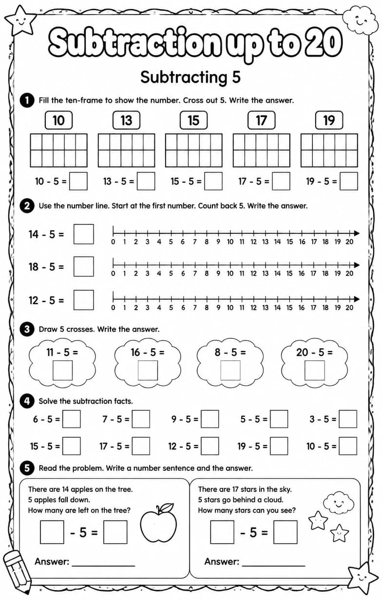 Subtracting 5 — free printable Grade 1 math worksheet