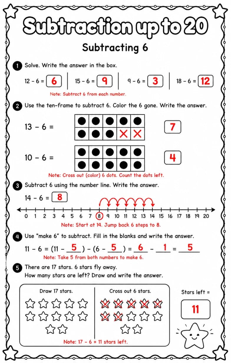 Answer key for Subtracting 6 — free printable Math worksheet