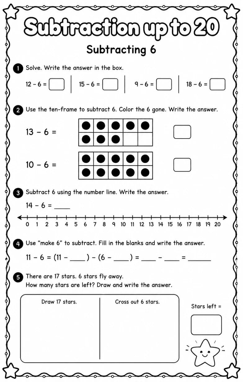 Subtracting 6 — free printable Grade 1 math worksheet