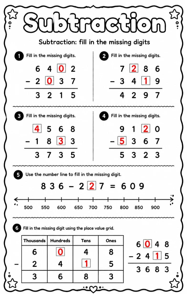 Answer key for Subtraction: fill in the missing digits — free printable Math worksheet