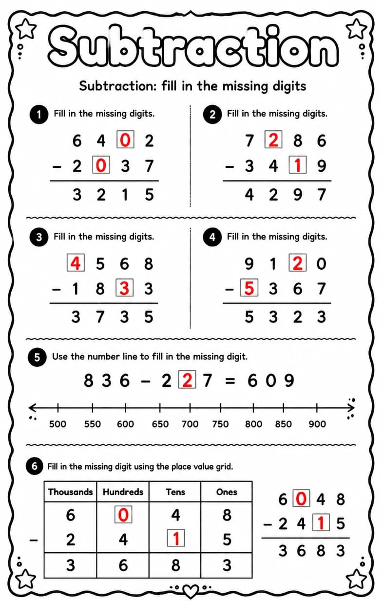 Answer key for Subtraction: fill in the missing digits — free printable Math worksheet