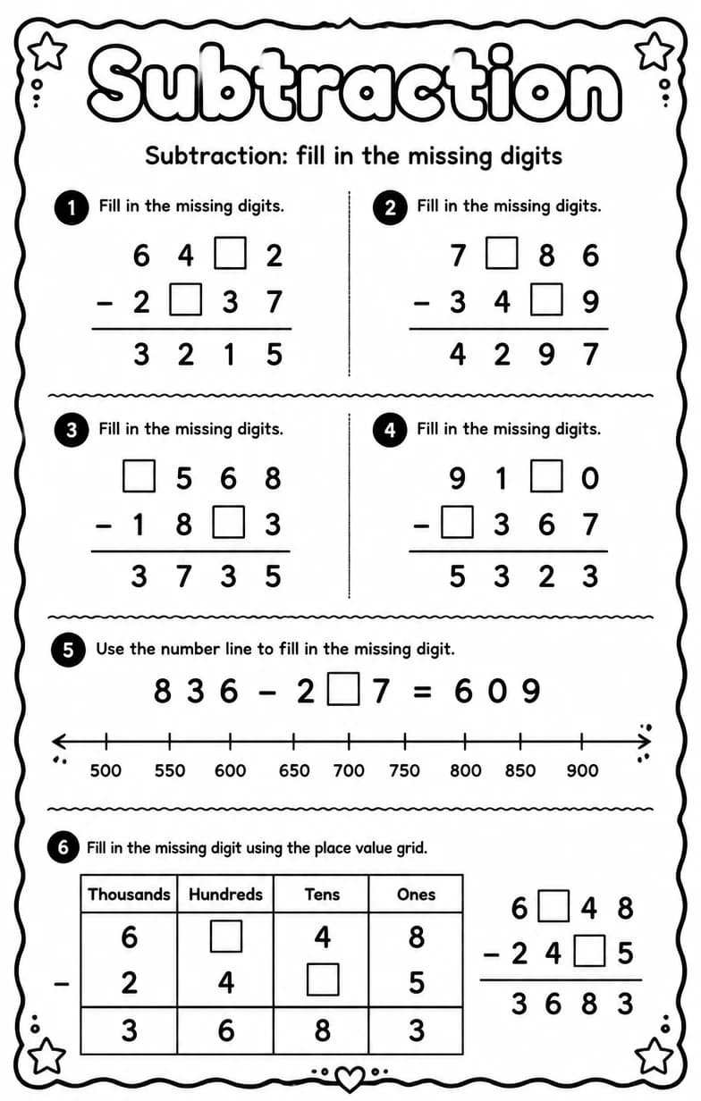 Subtraction: fill in the missing digits — free printable Grade 4 math worksheet