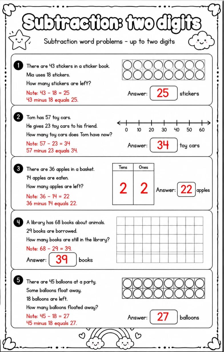Answer key for Subtraction word problems - up to two digits — free printable Math worksheet