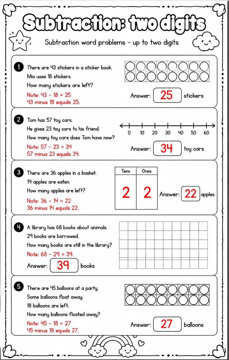 Answer key for Subtraction word problems - up to two digits — free printable Math worksheet