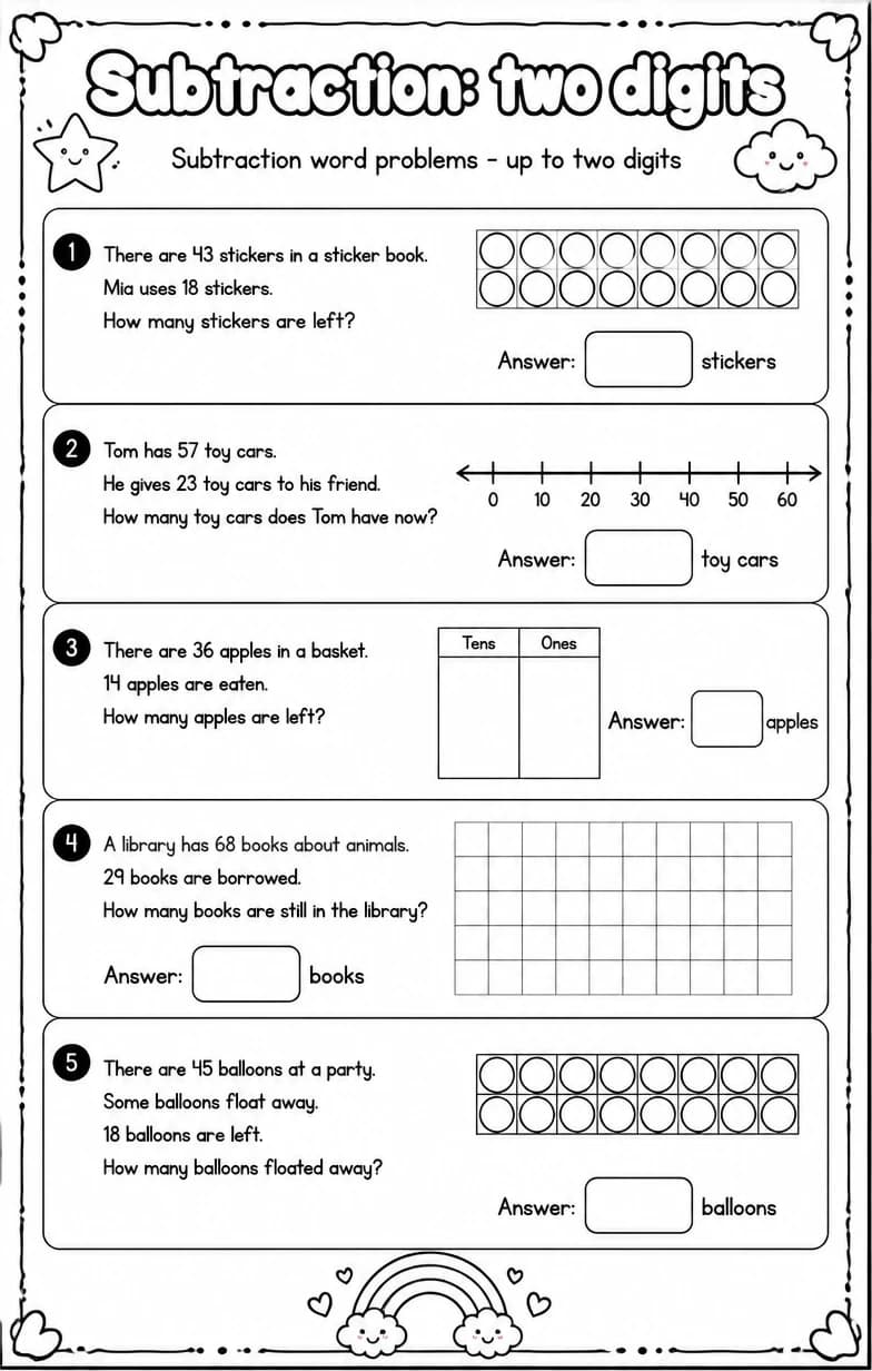 Subtraction word problems - up to two digits — free printable Grade 2 math worksheet