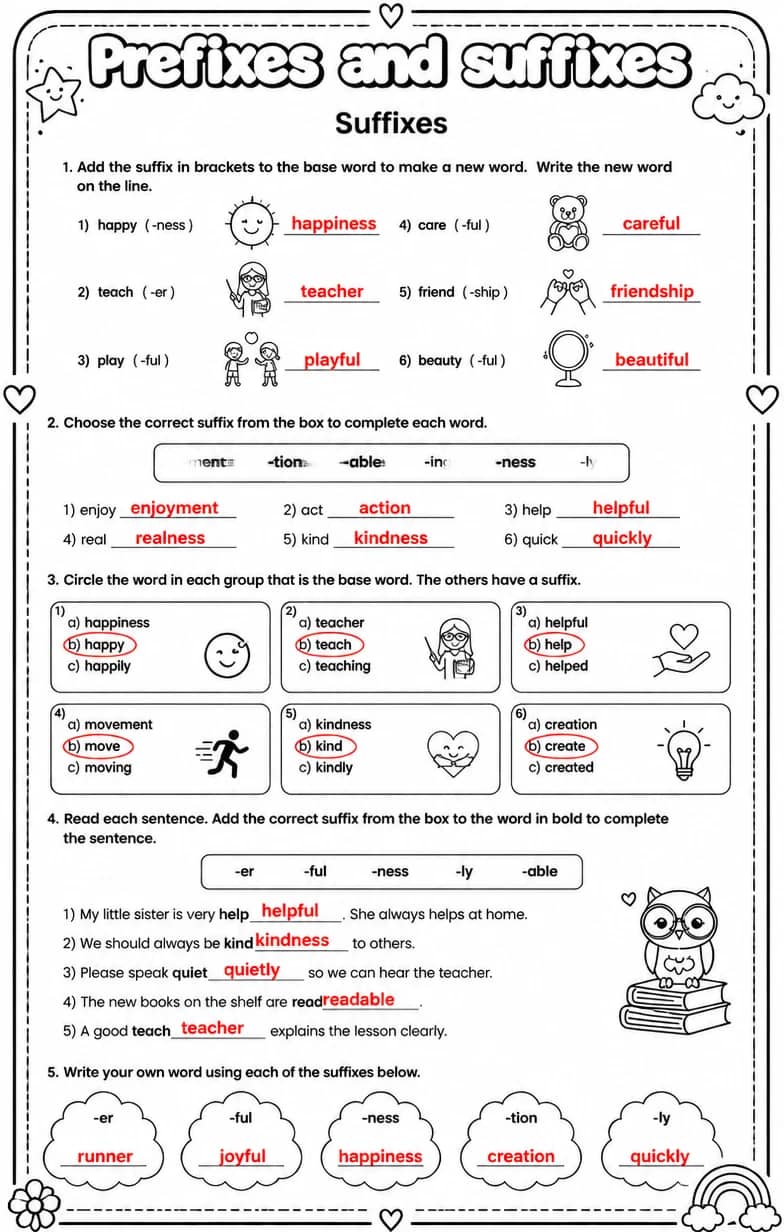Answer key for Suffixes — free printable English & Reading worksheet