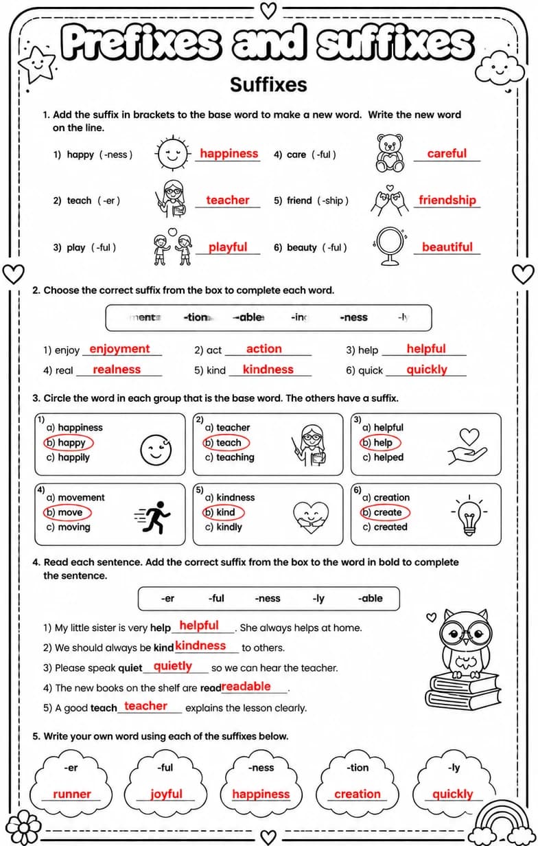 Answer key for Suffixes — free printable English & Reading worksheet