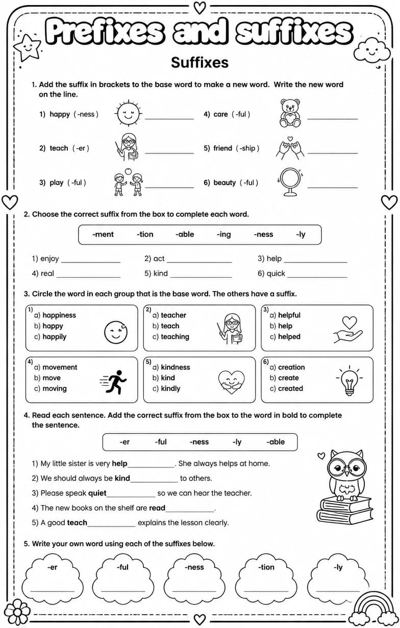 Suffixes — free printable Vocabulary English worksheet