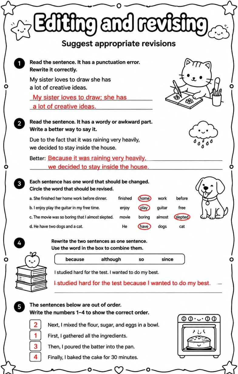 Answer key for Suggest appropriate revisions — free printable English & Reading worksheet