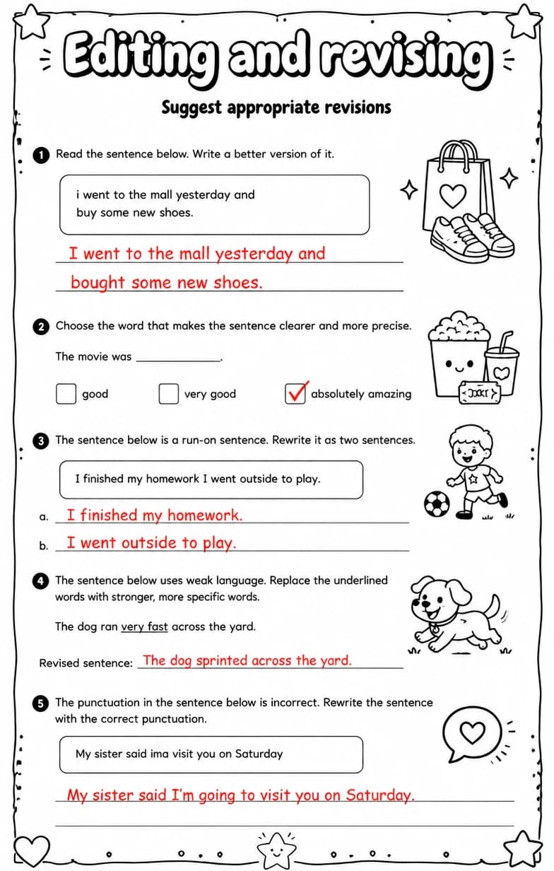 Answer key for Suggest appropriate revisions — free printable English & Reading worksheet