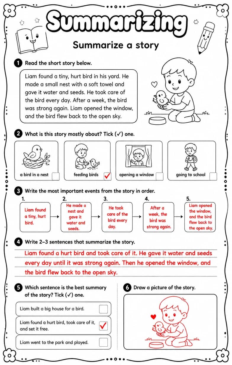 Answer key for Summarize a story — free printable English & Reading worksheet