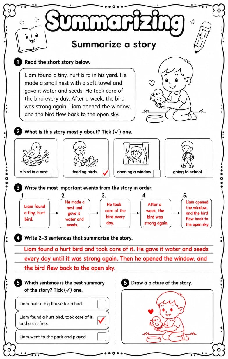 Answer key for Summarize a story — free printable English & Reading worksheet