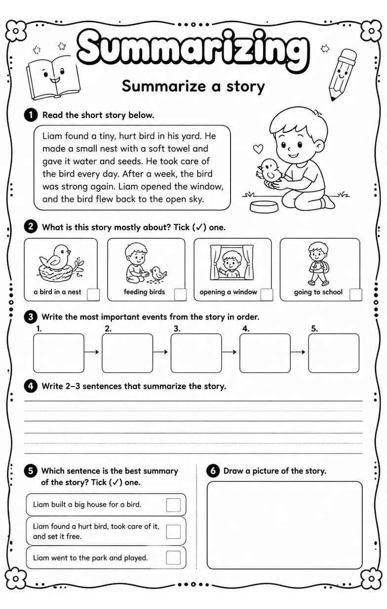 Summarize a story — free printable Grade 4 English & Reading worksheet
