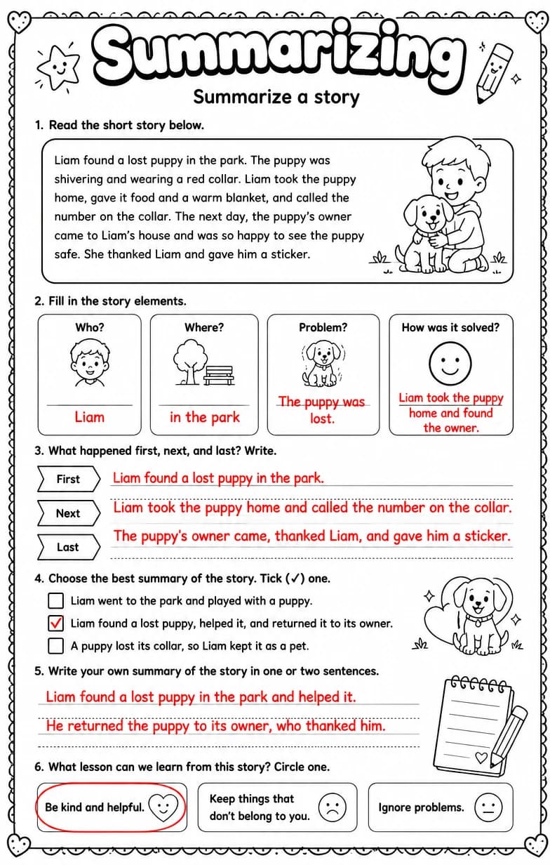 Answer key for Summarize a story — free printable English & Reading worksheet