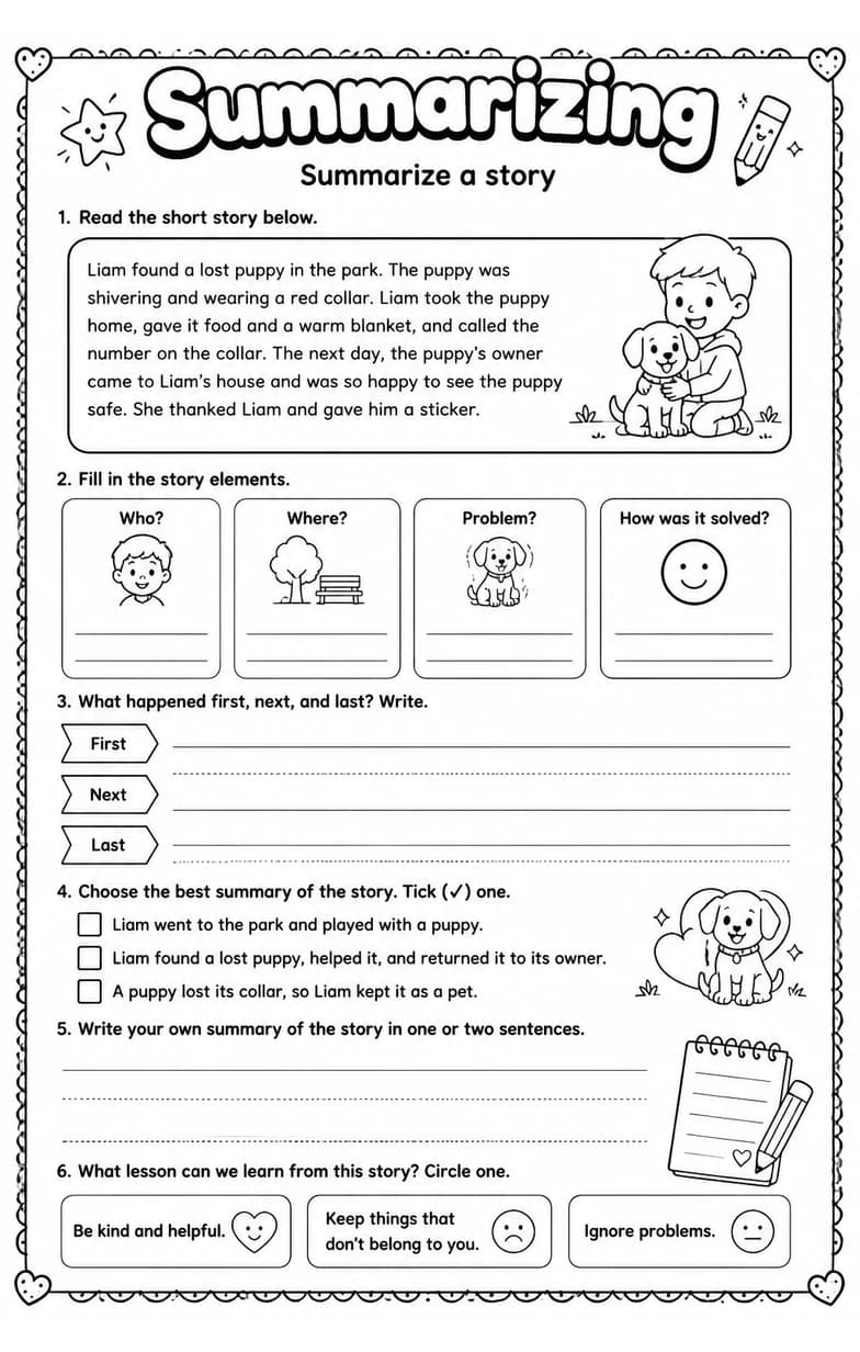 Summarize a story — free printable Grade 5 English & Reading worksheet