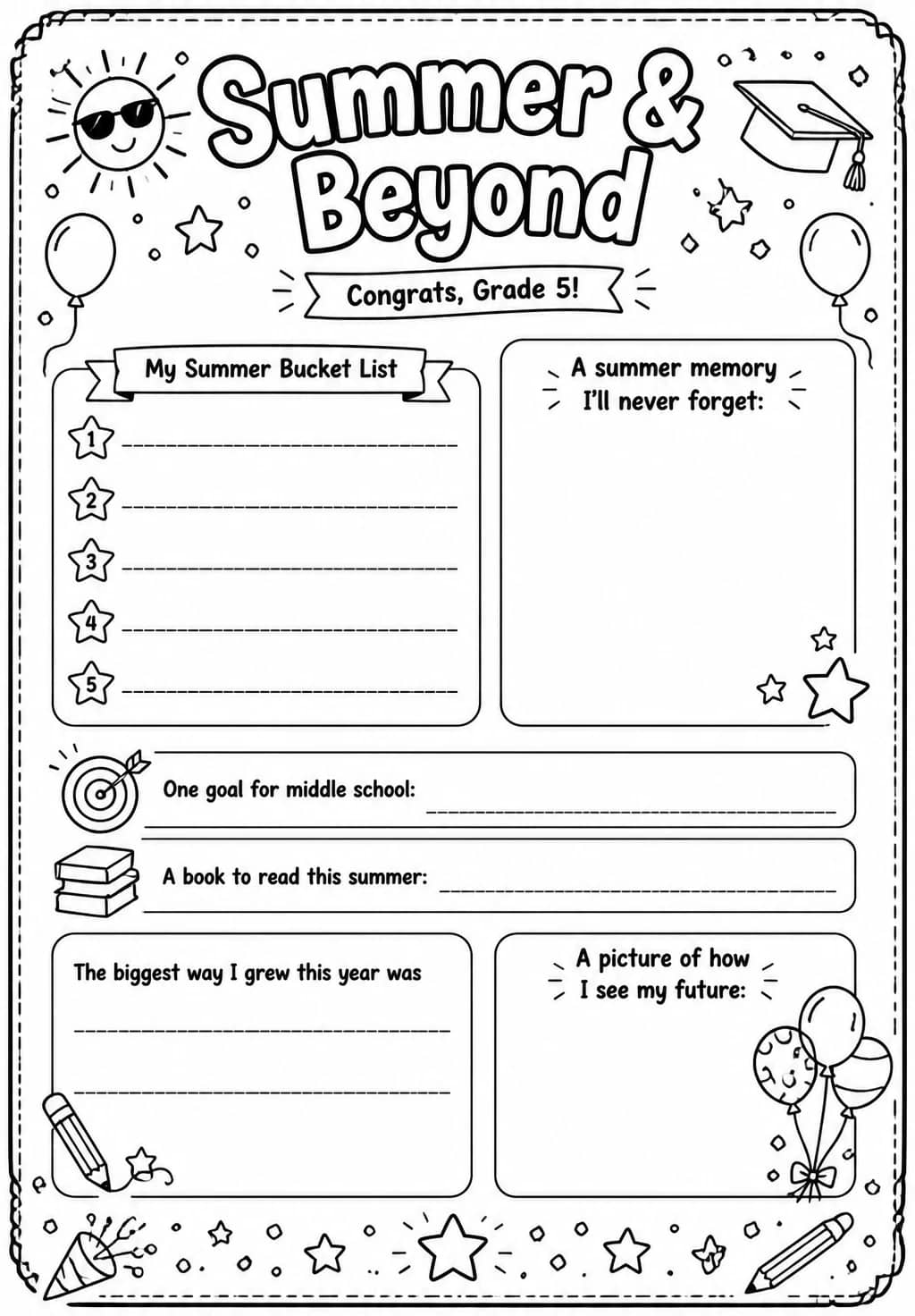 Summer & Beyond — free printable Grade 5 Social-Emotional Learning worksheet