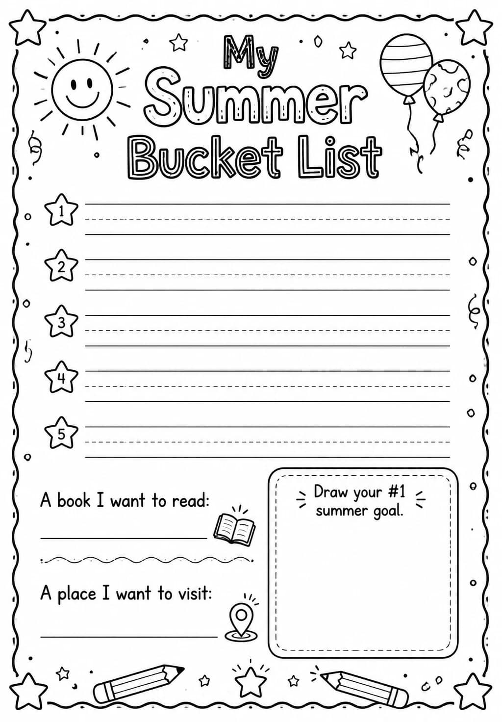 My Summer Bucket List — free printable Grade 3 Social-Emotional Learning worksheet