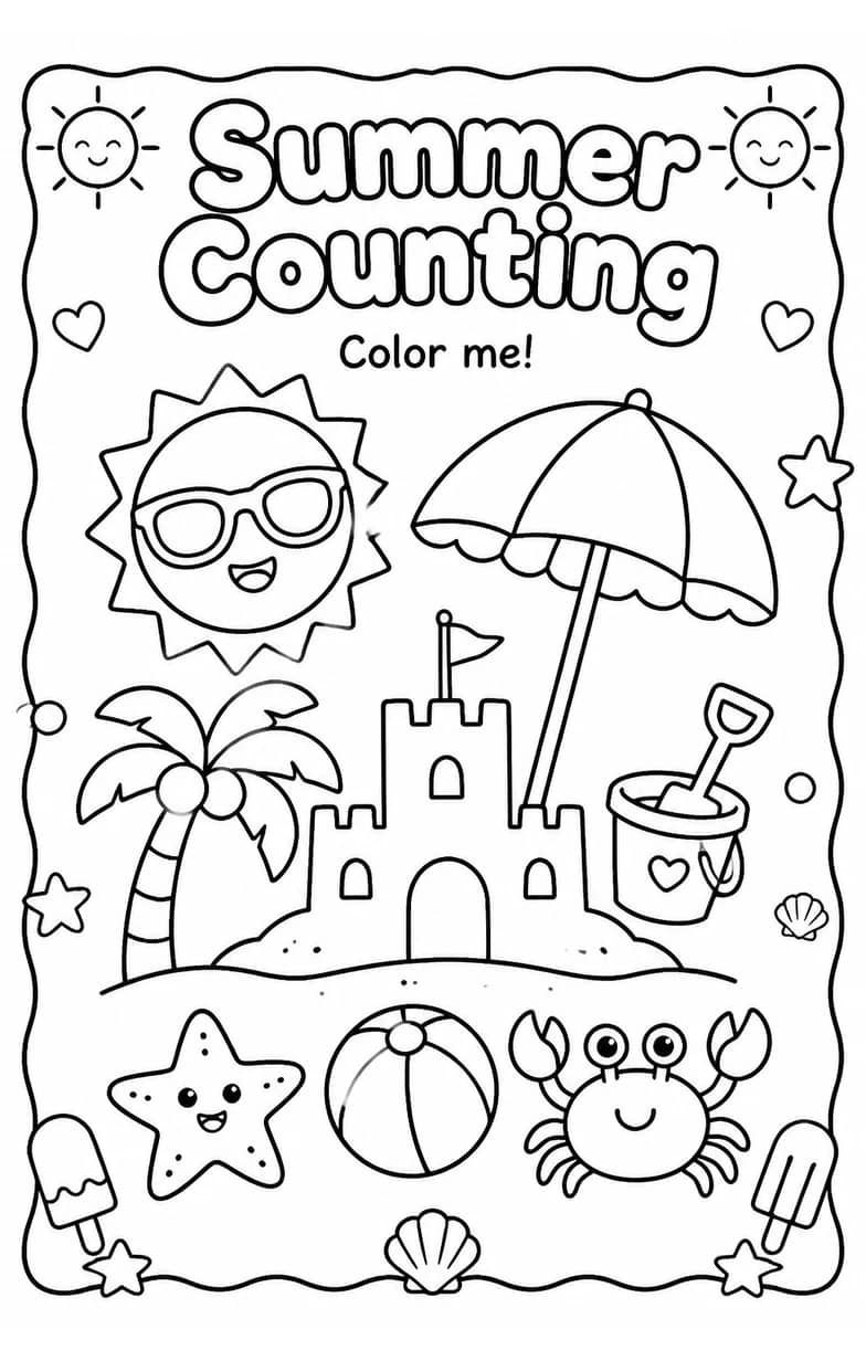 Summer Counting Coloring Page — free printable Grade 1 Math worksheet