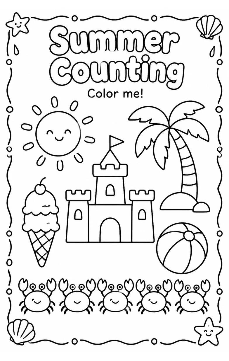 Summer Counting Coloring Page — free printable Grade 2 Math worksheet