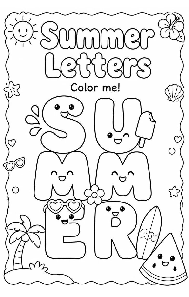 Summer Letters Coloring Page — free printable Kindergarten English & Reading worksheet