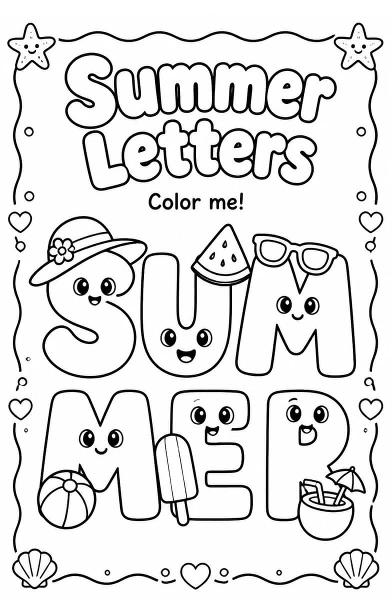 Summer Letters Coloring Page — free printable Pre-K English & Reading worksheet