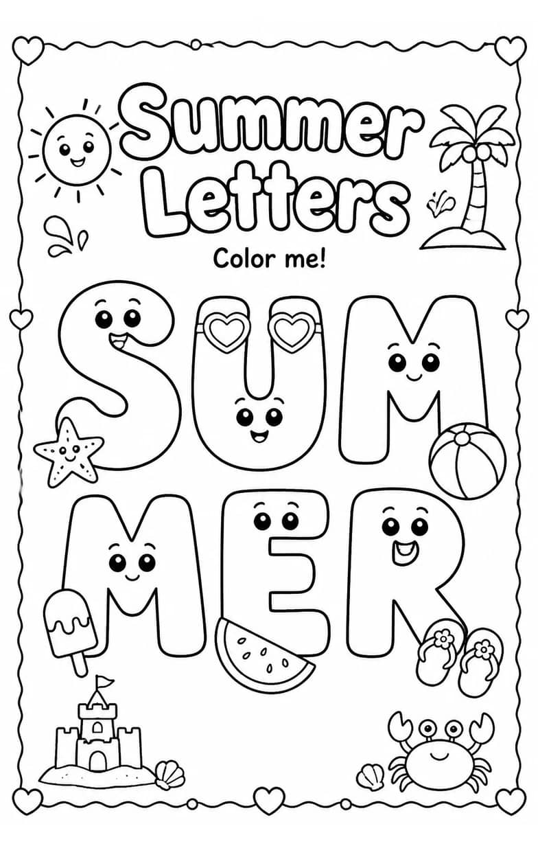 Summer Letters Coloring Page — free printable Preschool English & Reading worksheet