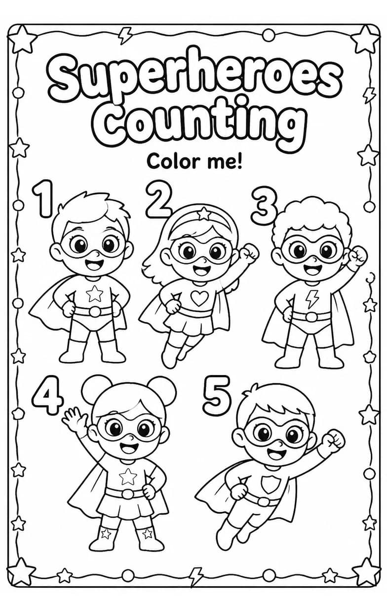 Superheroes Counting Coloring Page — free printable Grade 1 Math worksheet