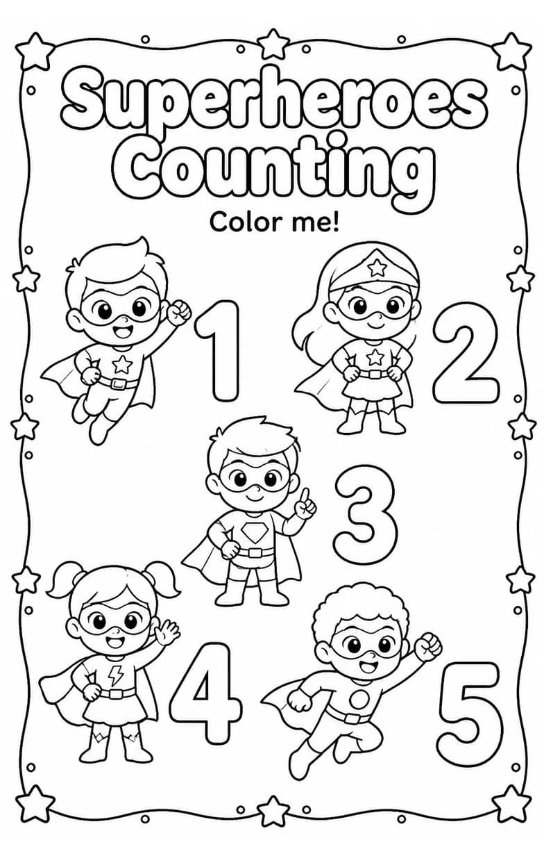 Superheroes Counting Coloring Page — free printable Grade 2 Math worksheet