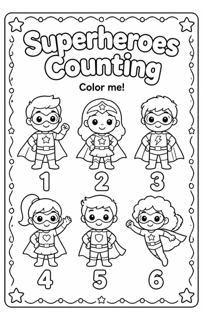 Superheroes Counting Coloring Page — free printable Kindergarten Math worksheet