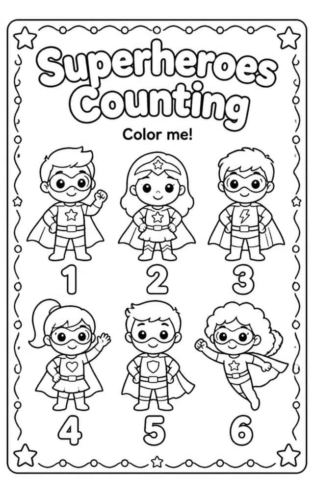 Superheroes Counting Coloring Page