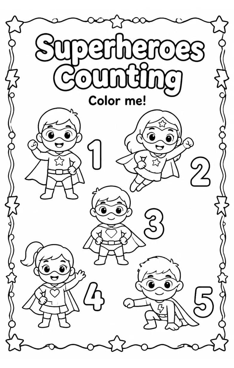 Superheroes Counting Coloring Page — free printable Pre-K Math worksheet