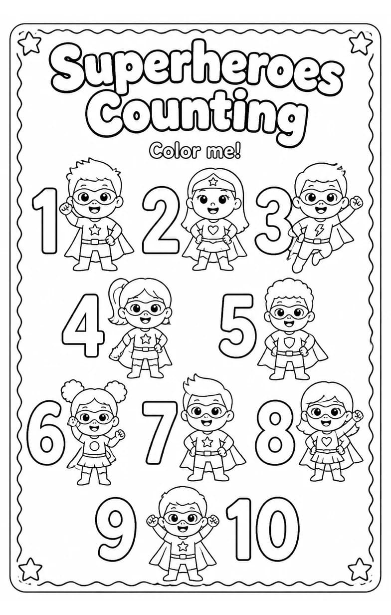 Superheroes Counting Coloring Page