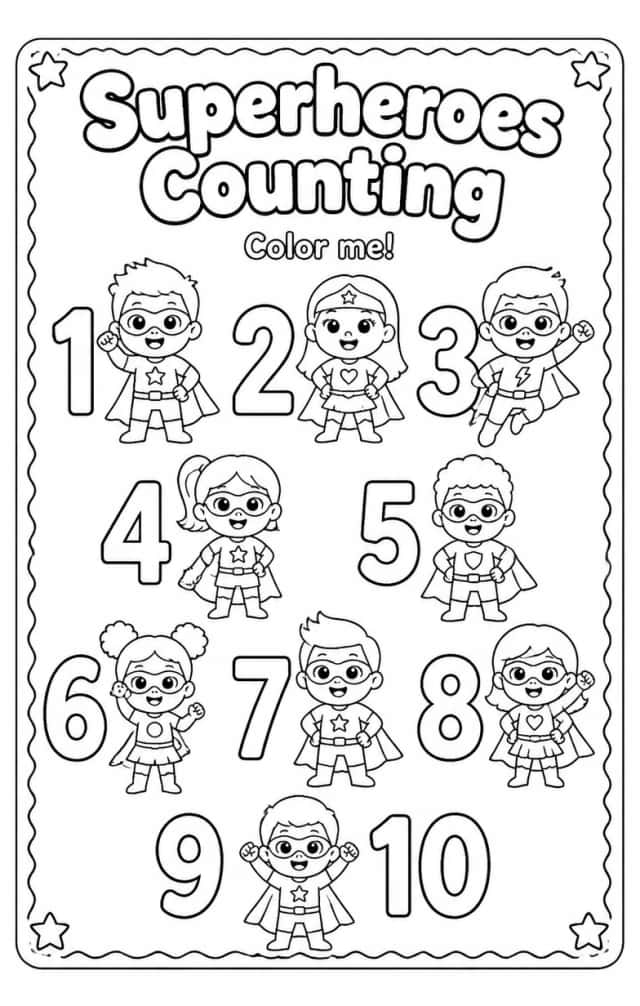 Superheroes Counting Coloring Page