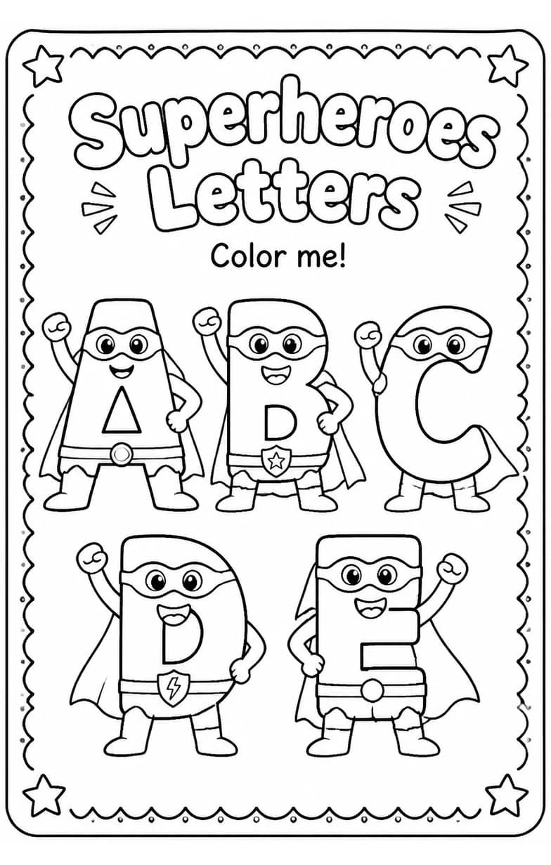 Superheroes Letters Coloring Page — free printable Pre-K English & Reading worksheet