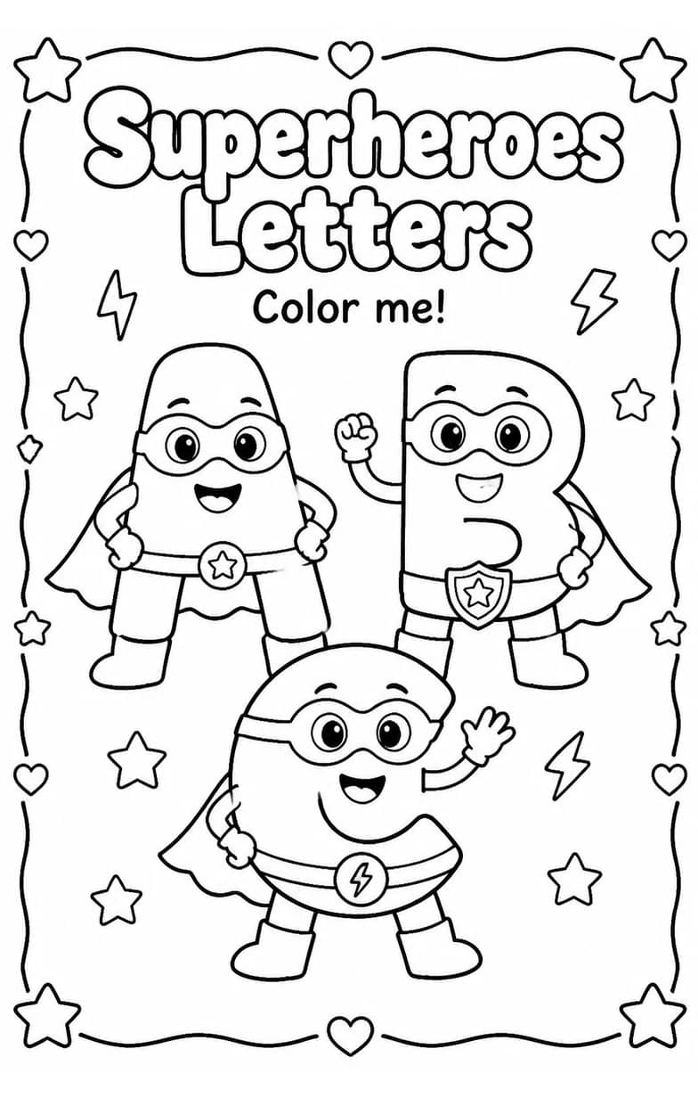Superheroes Letters Coloring Page — free printable Preschool English & Reading worksheet