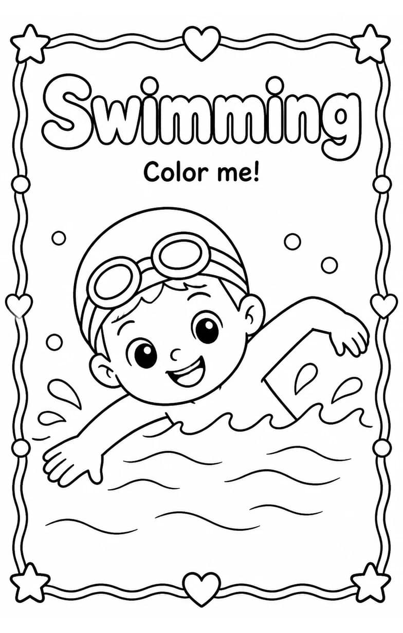 Swimming Coloring Pages — free printable Kindergarten Art worksheet