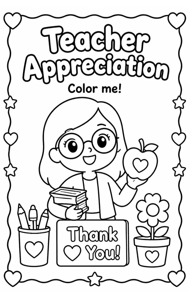 Teacher Appreciation Coloring Pages — free printable Kindergarten Art worksheet
