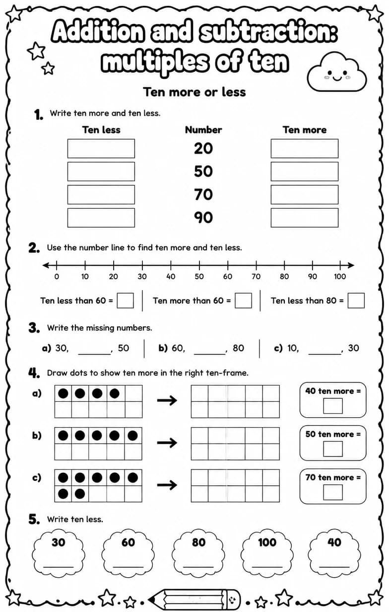 Ten more or less — free printable Grade 1 math worksheet
