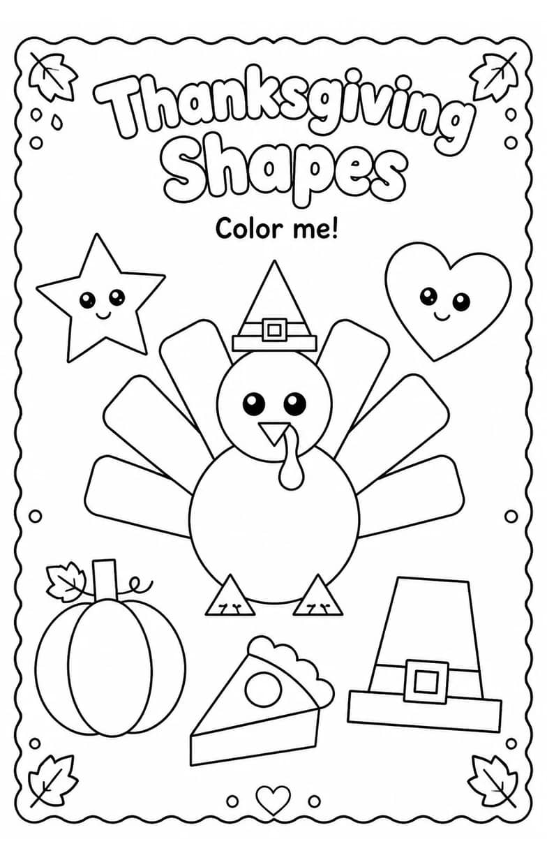 Thanksgiving Shapes Coloring Page — free printable Pre-K Math worksheet