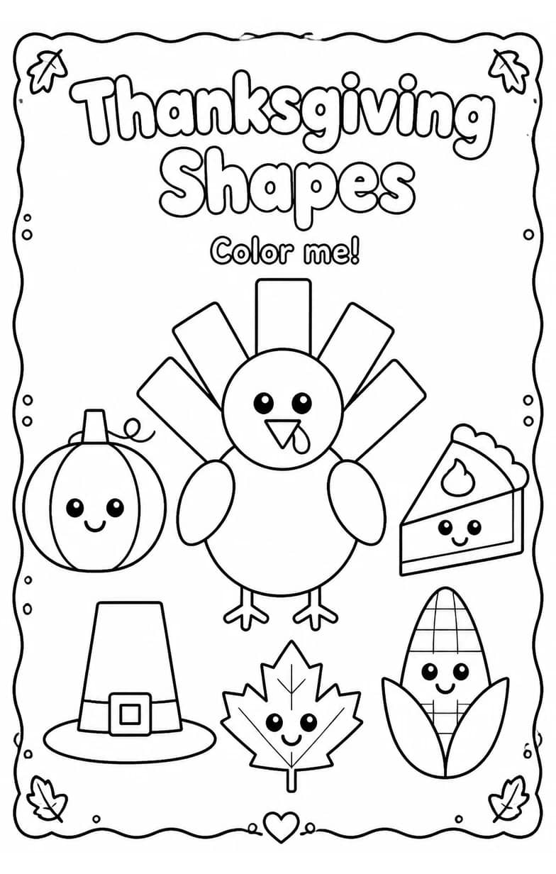 Thanksgiving Shapes Coloring Page — free printable Preschool Math worksheet