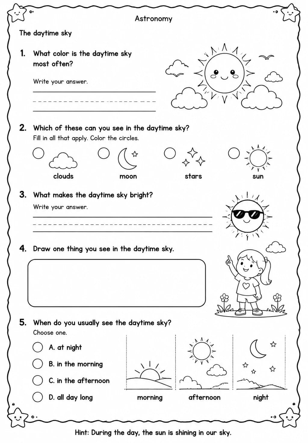 The daytime sky — free printable Kindergarten Science worksheet