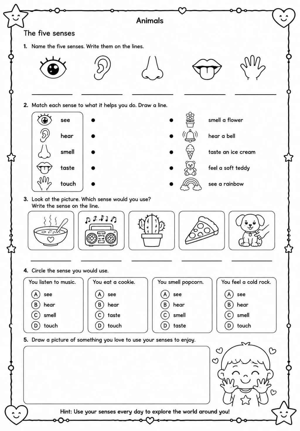 The five senses — free printable Kindergarten Science worksheet