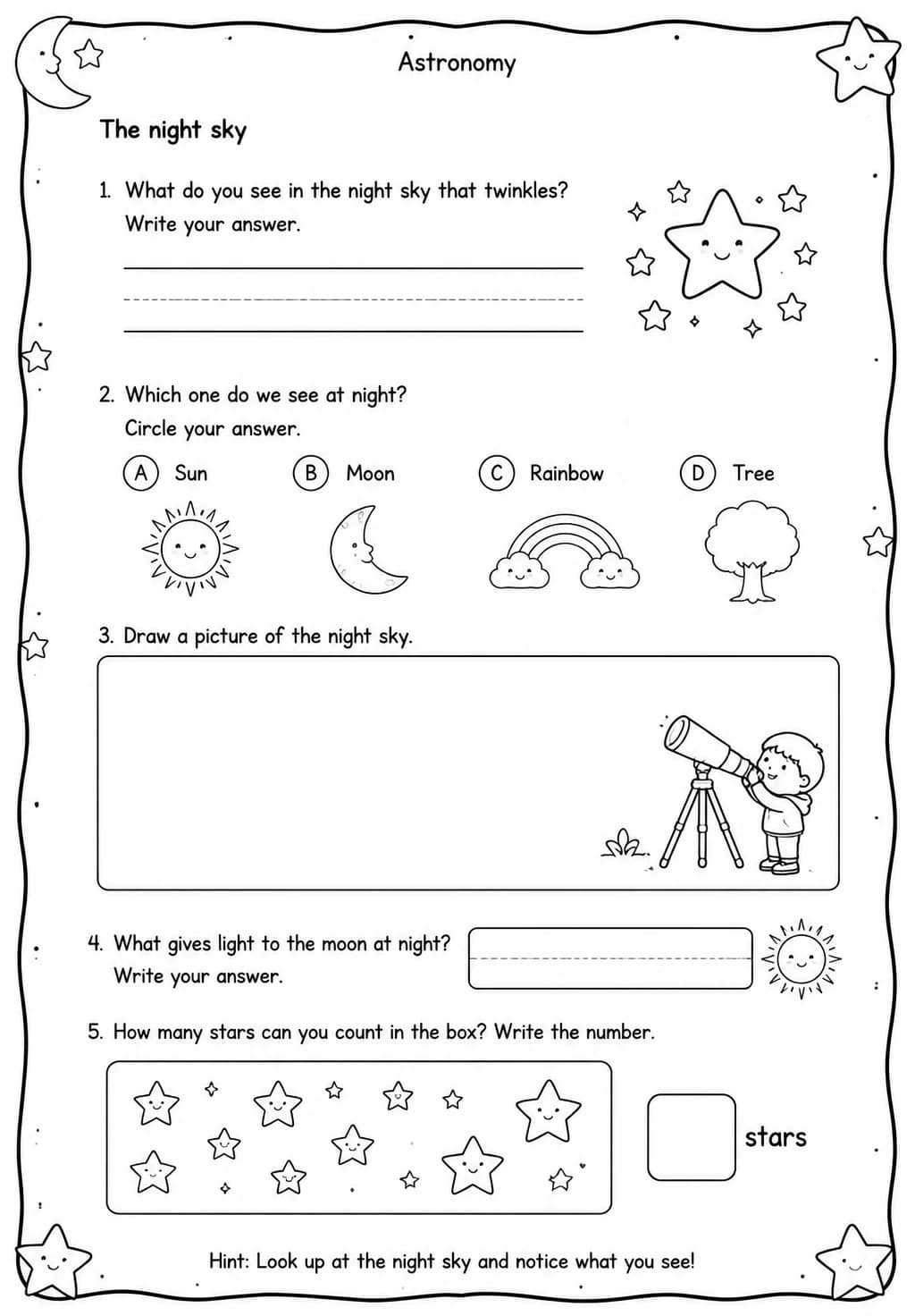 The night sky — free printable Kindergarten Science worksheet